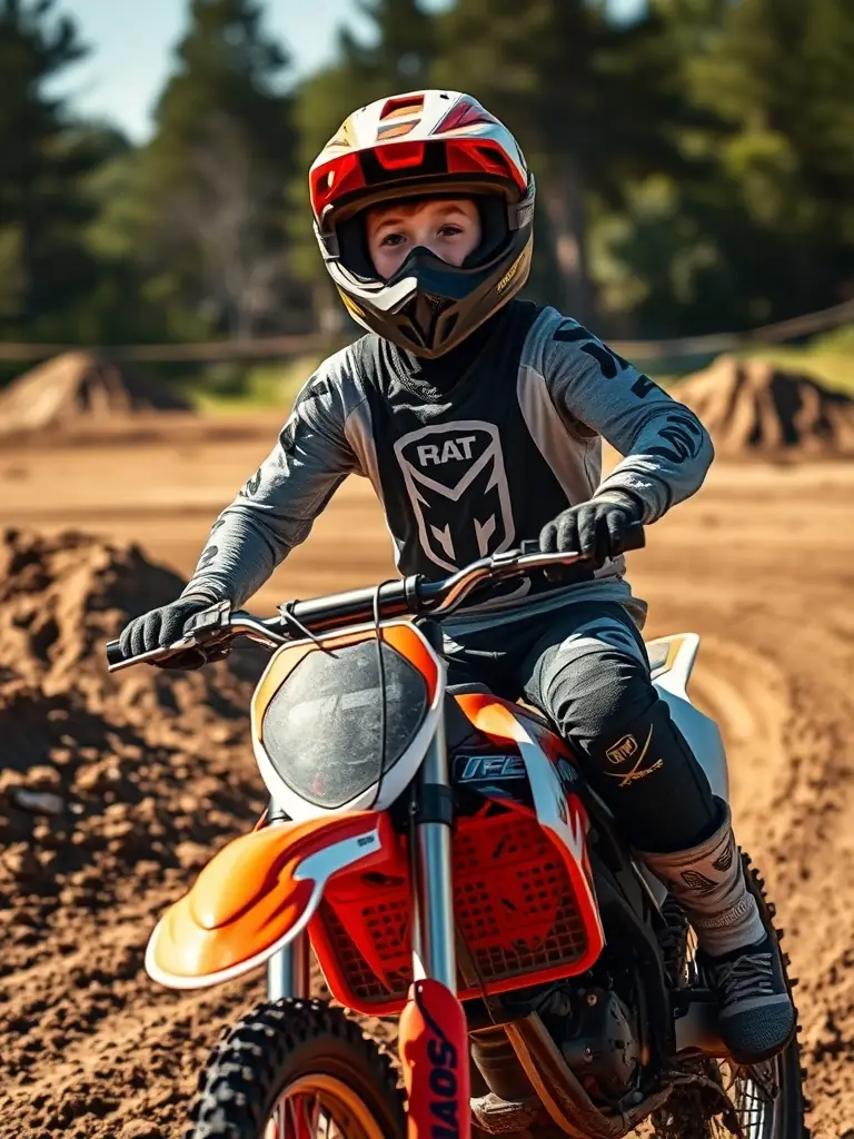 A young motocross rider in full gear confidently navigating a dirt track during a beginner training session at MXBEYNAT, showcasing the introductory level program.