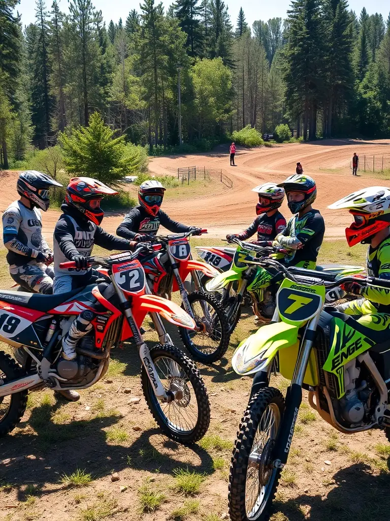 Motocross riders of varying ages and skill levels interacting and supporting each other during a training break at the Le Renard site.