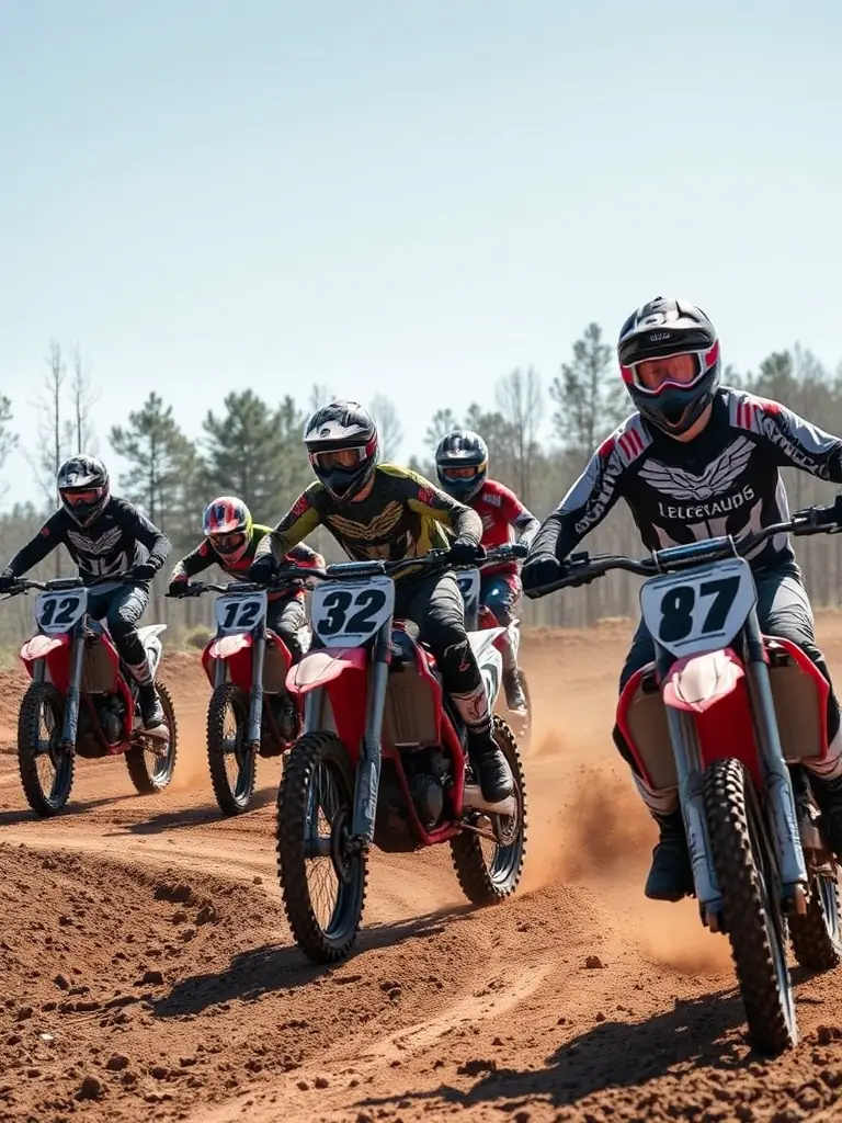 A group of adult motocross riders participating in a training session at the Le Renard site, demonstrating the community and skill-building aspects of MXBEYNAT's adult programs.