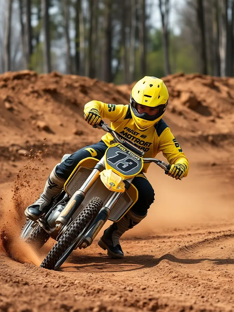 A young motocross rider skillfully navigating a turn on a dirt track during a training session at Le Renard, showcasing the agility and control taught in the beginner program.