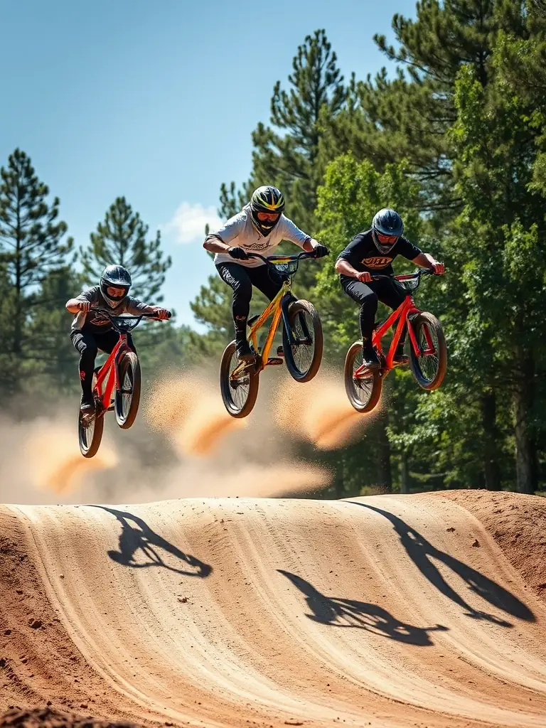 A group of intermediate motocross riders practicing jumps and cornering techniques on a challenging section of the Le Renard track, demonstrating the skills learned in the intermediate program.