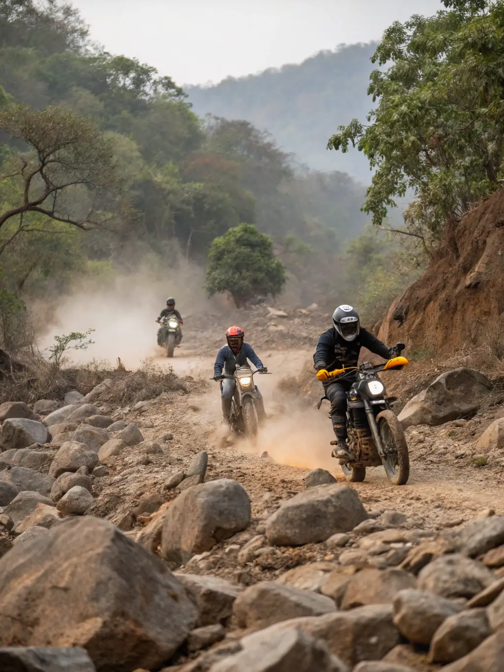 A group of motocross riders enjoying a recreational ride on a scenic trail near Le Renard, highlighting the fun and camaraderie of the recreational activities offered.