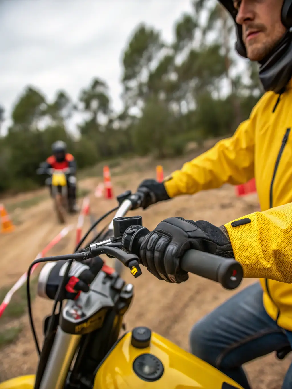 A close-up of a motocross instructor demonstrating proper riding technique to a participant, emphasizing the expert coaching available at MXBEYNAT.