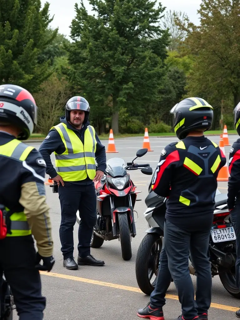 A group of motocross riders participating in a training session, with an instructor providing guidance and feedback on their techniques.
